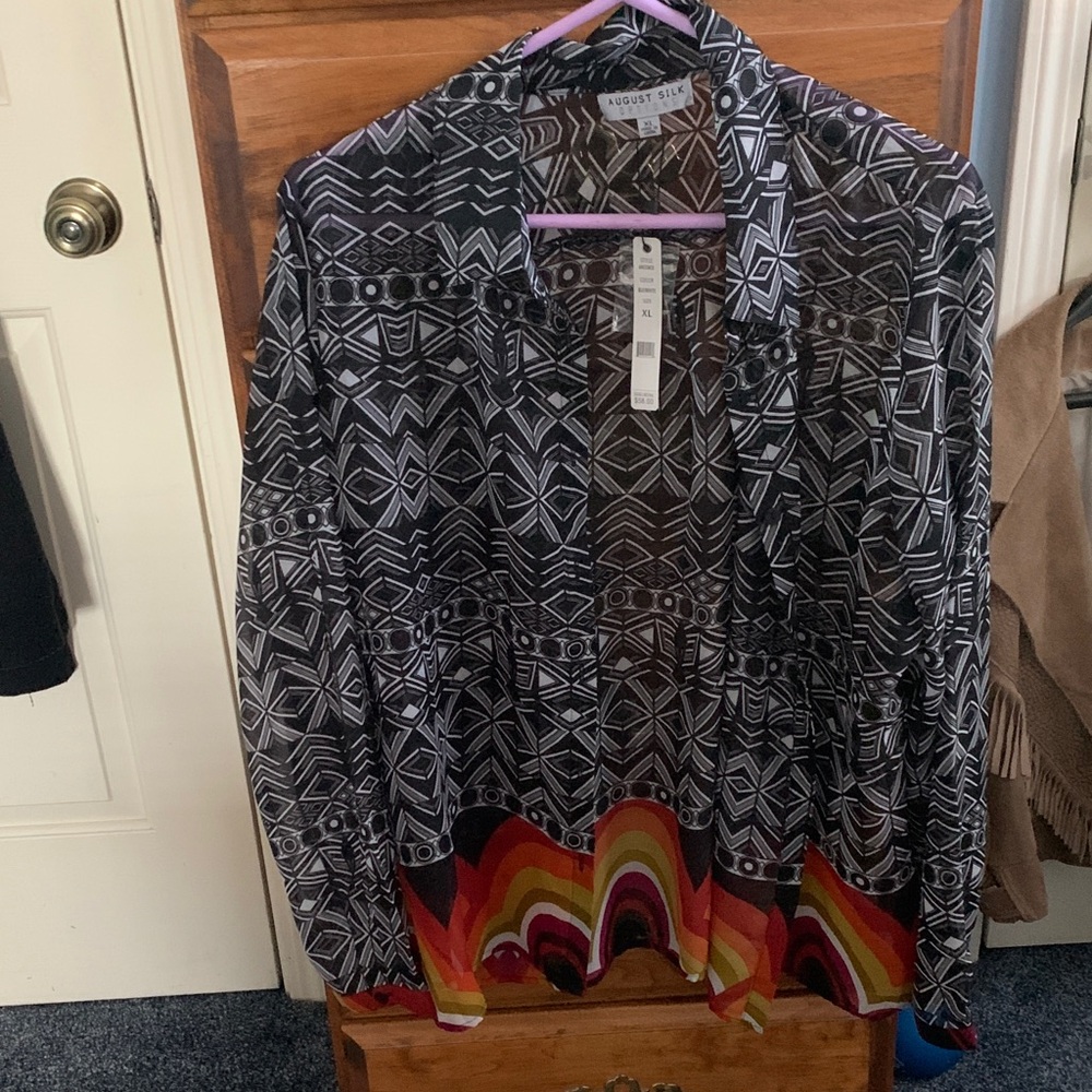 August Silk Geometric Black and White Blouse